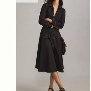 NWT By Anthropologie Long-Sleeve Navy Blue Belted Front-Zip Midi Dress size MP